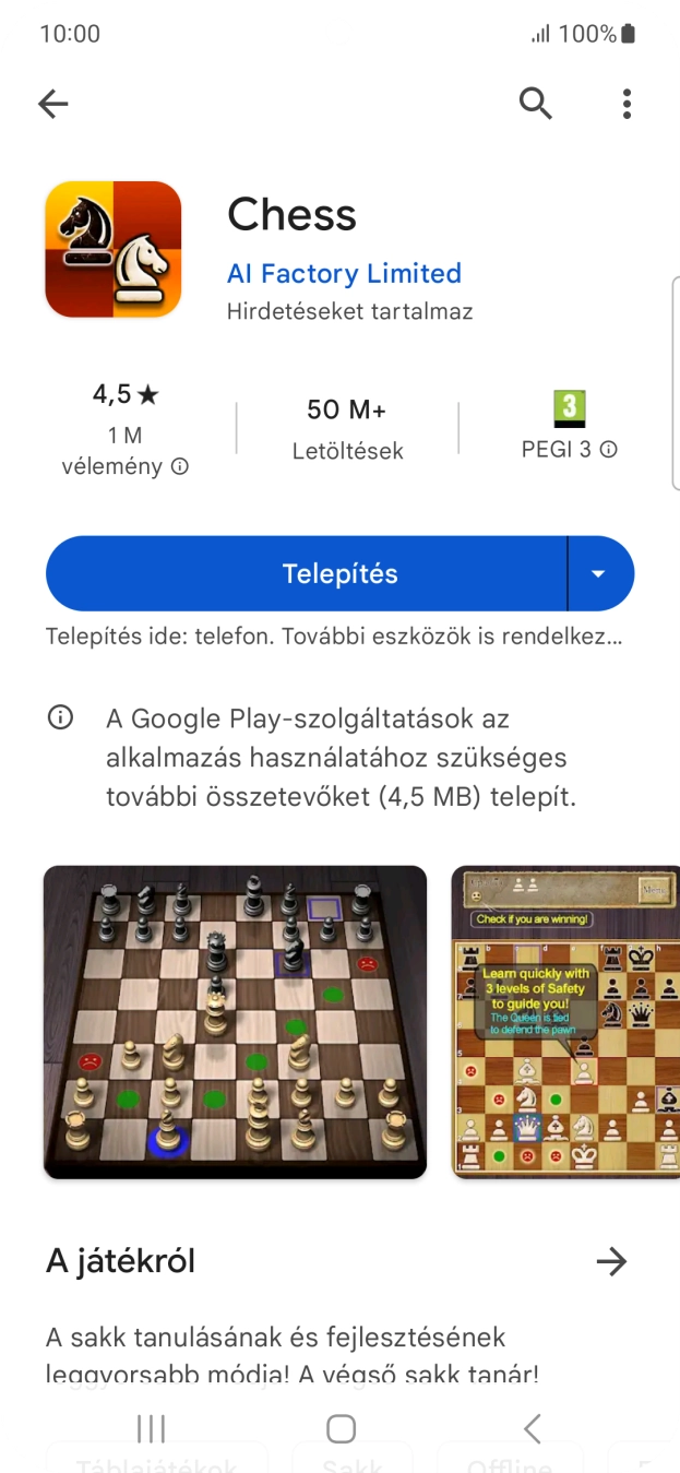 Válaszd a Telepítés lehetőséget, és kövesd a képernyőn megjelenő utasításokat az alkalmazás telepítéséhez. Válaszd a Telepítés lehetőséget, és kövesd a képernyőn megjelenő utasításokat az alkalmazás telepítéséhez.