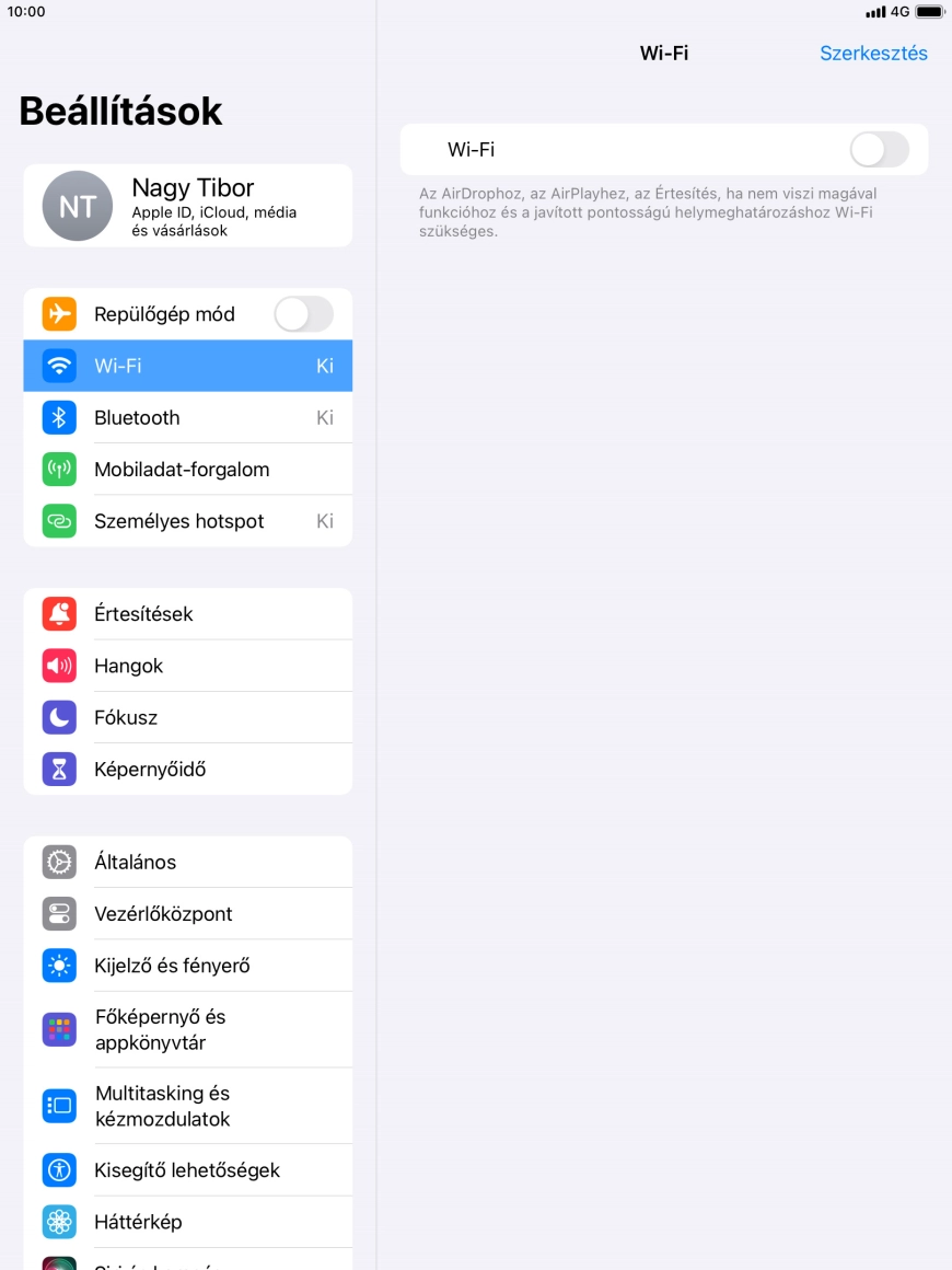 Kattints a „Wi-Fi” melletti csúszkára a funkció bekapcsolásához.