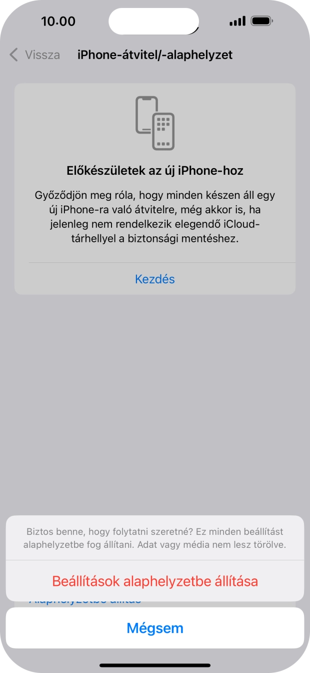 Válaszd a Beállítások alaphelyzetbe állítása lehetőséget. Várj egy kicsit, amíg a telefon visszaállítja a gyári beállításokat. A telefon konfigurálásához és ahhoz, hogy üzemkész állapotba hozd, kövesd a képernyőn megjelenő utasításokat. Válaszd a Beállítások alaphelyzetbe állítása lehetőséget. Várj egy kicsit, amíg a telefon visszaállítja a gyári beállításokat. A telefon konfigurálásához és ahhoz, hogy üzemkész állapotba hozd, kövesd a képernyőn megjelenő utasításokat.