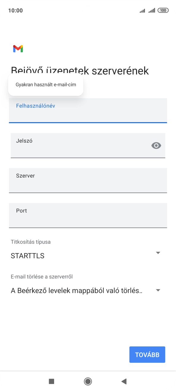 Kattints a „Szerver” alatti mezőre, és írd be az e-mail szolgáltatód bejövő szerverének a nevét.