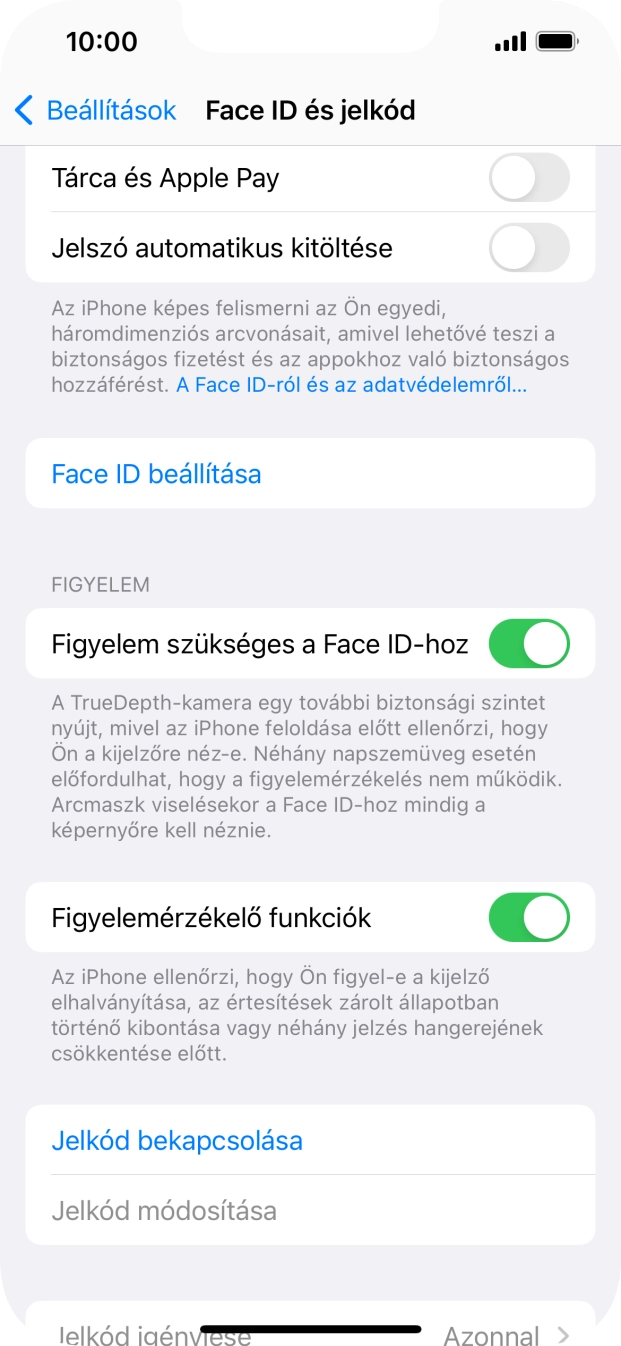 Válaszd a Jelkód bekapcsolása lehetőséget, és írj be kétszer egymás után egy tetszőleges képernyőzárkódot.