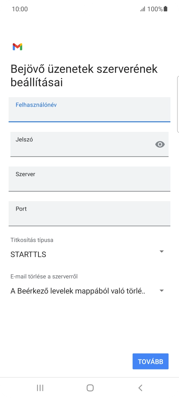 Kattints a „Szerver” alatti mezőre, és írd be az e-mail szolgáltatód bejövő szerverének a nevét.