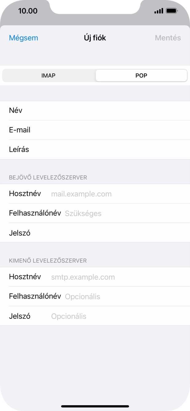 Kattints a Hosztnév mezőre, és írd be az e-mail szolgáltatód bejövő szerverének a nevét.