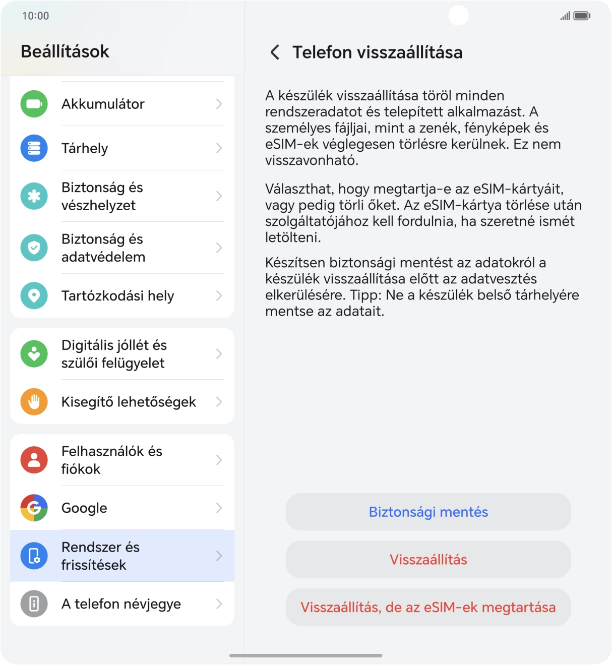 Válaszd a Visszaállítás lehetőséget. Várj egy kicsit, amíg a telefon visszaállítja a gyári beállításokat. A telefon konfigurálásához és ahhoz, hogy üzemkész állapotba hozd, kövesd a képernyőn megjelenő utasításokat.