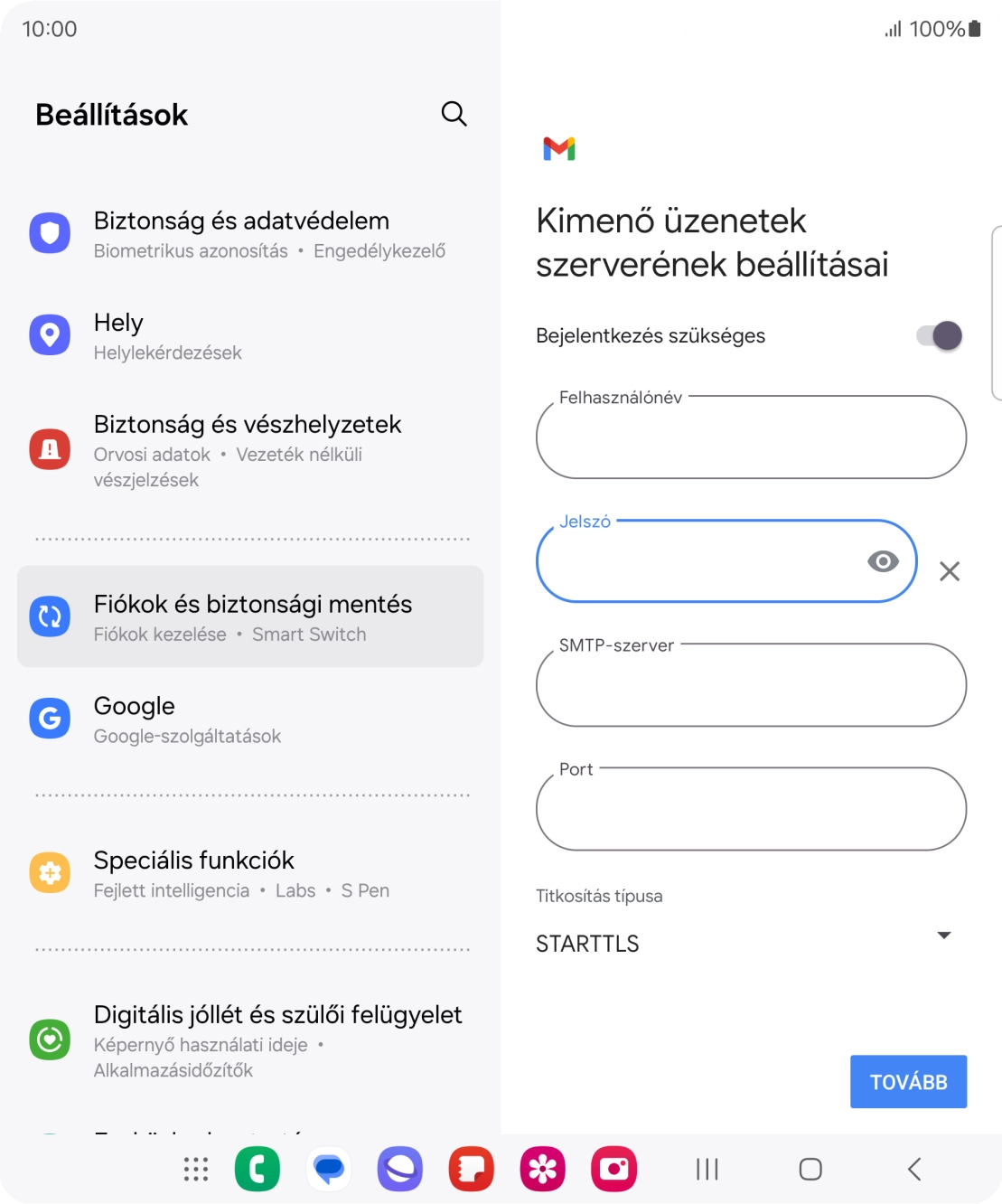 Kattints az „SMTP-szerver” alatti mezőre, és írd be az e-mail szolgáltatód kimenő szerverének a nevét.