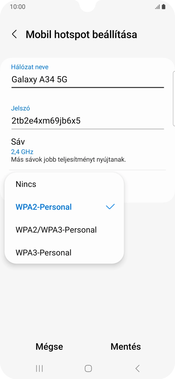 Válaszd a WPA3-Personal lehetőséget, ha jelszóval szeretnéd védeni a Wi-Fi hotspotodat. Válaszd a WPA3-Personal lehetőséget, ha jelszóval szeretnéd védeni a Wi-Fi hotspotodat.
