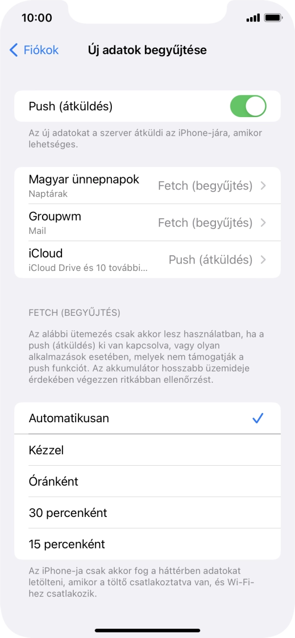 Kattints a „Push (átküldés)” melletti csúszkára a funkció be- vagy kikapcsolásához.