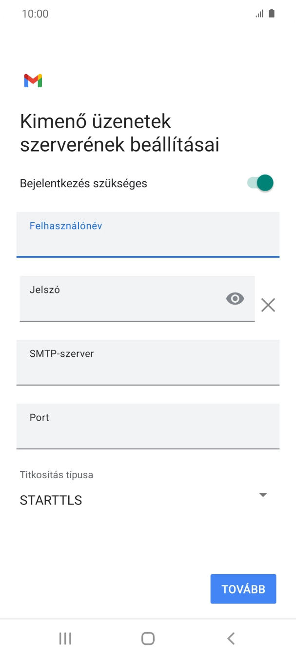 Kattints a „Jelszó” alatti mezőre, és írd be az e-mail szolgáltatód kimenő szerverének jelszavát.