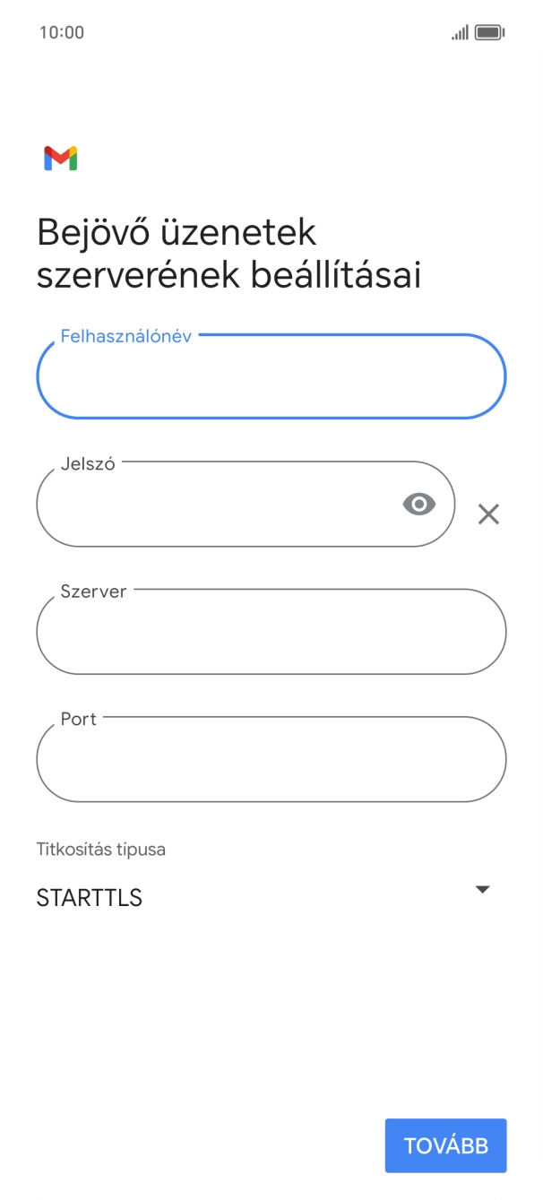 Kattints a „Szerver” alatti mezőre, és írd be az e-mail szolgáltatód bejövő szerverének a nevét.