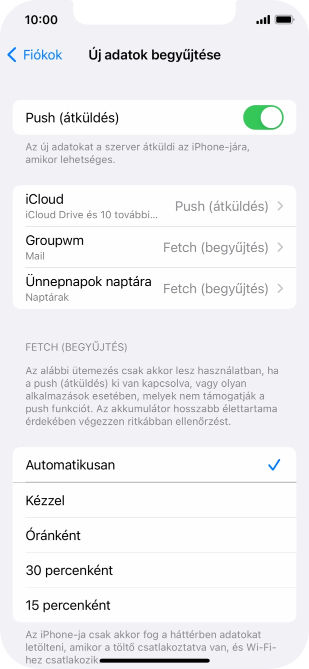 Kattints a „Push (átküldés)” melletti csúszkára a funkció be- vagy kikapcsolásához.