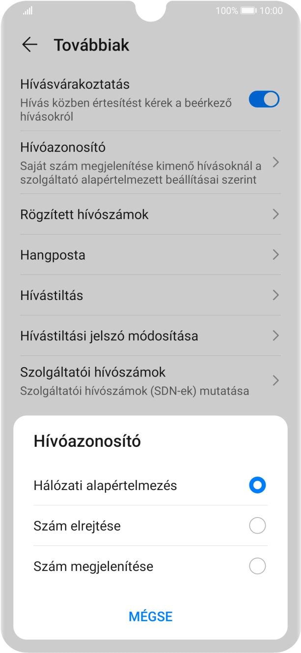 Válaszd a Szám megjelenítése lehetőséget a hívószámküldés bekapcsolásához.