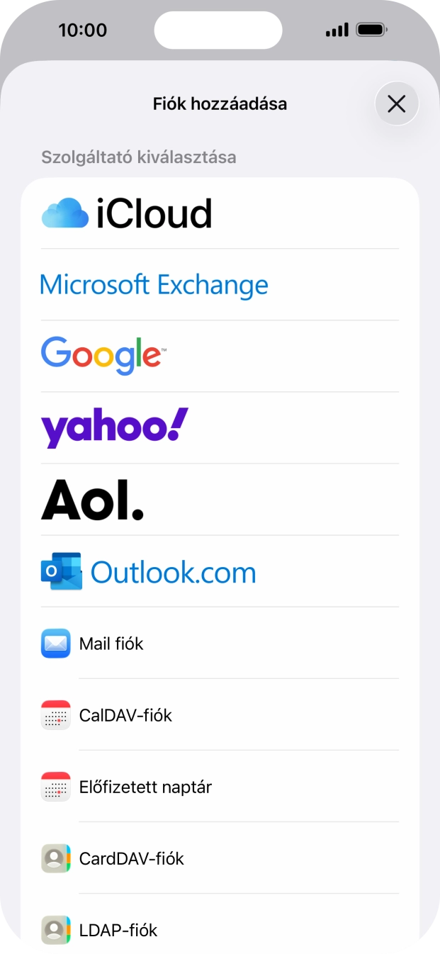Válaszd a Mail fiók lehetőséget.