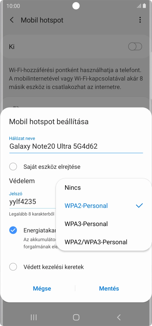 Válaszd a WPA3-Personal lehetőséget, ha jelszóval szeretnéd védeni a Wi-Fi hotspotodat. Válaszd a WPA3-Personal lehetőséget, ha jelszóval szeretnéd védeni a Wi-Fi hotspotodat.