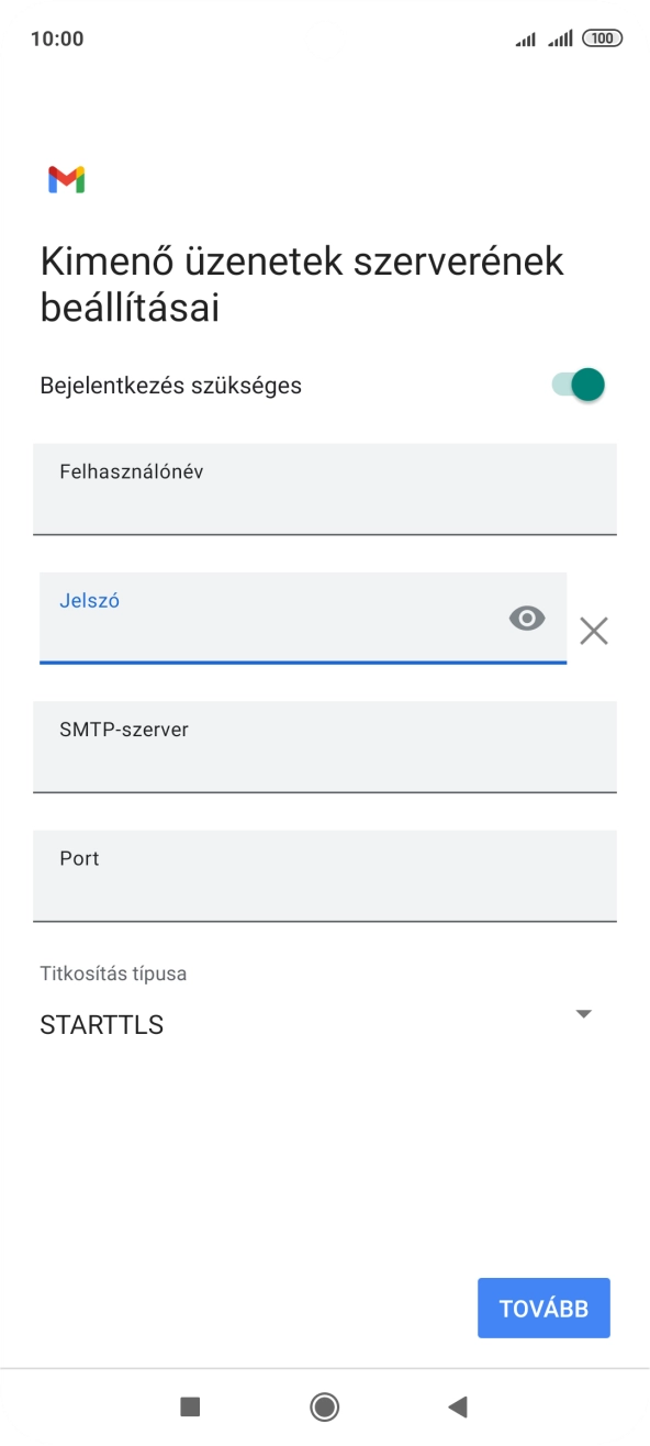 Kattints az „SMTP-szerver” alatti mezőre, és írd be az e-mail szolgáltatód kimenő szerverének a nevét.