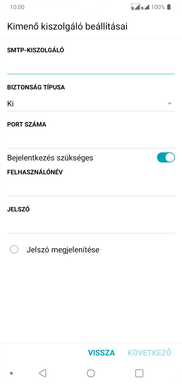 Kattints az „SMTP-KISZOLGÁLÓ” alatti mezőre, és írd be az e-mail szolgáltatód kimenő szerverének a nevét.