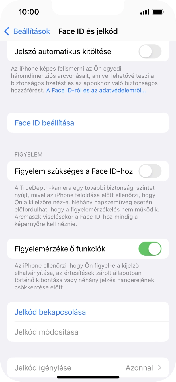 Válaszd a Jelkód bekapcsolása lehetőséget, és írj be kétszer egymás után egy tetszőleges képernyőzárkódot.