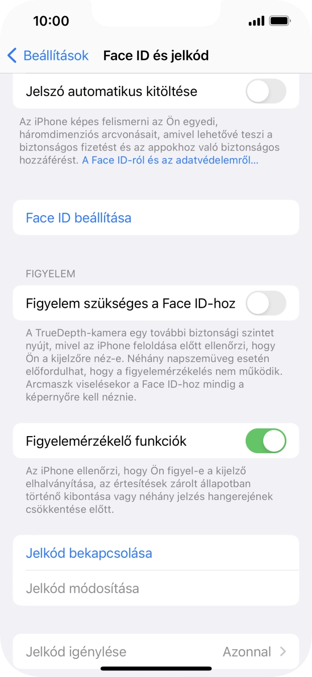 Válaszd a Jelkód bekapcsolása lehetőséget, és írj be kétszer egymás után egy tetszőleges képernyőzárkódot.