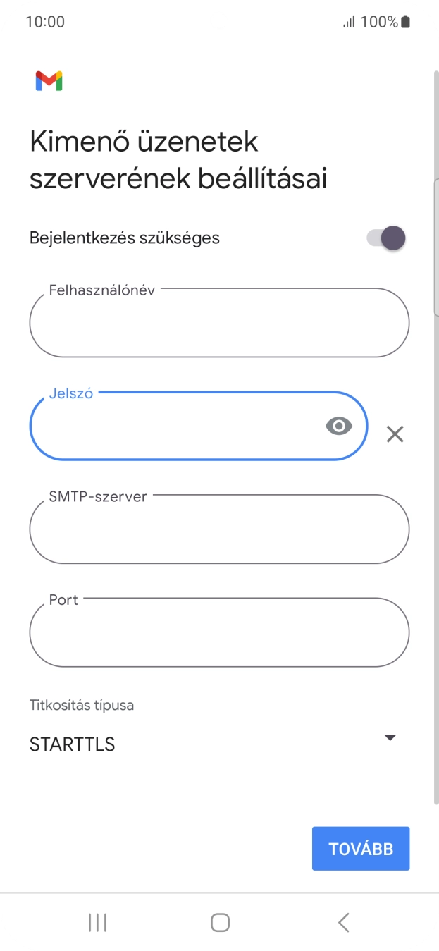 Kattints az „SMTP-szerver” alatti mezőre, és írd be az e-mail szolgáltatód kimenő szerverének a nevét.