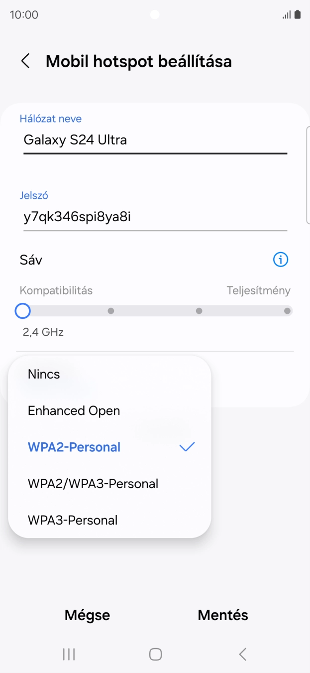 Válaszd a WPA3-Personal lehetőséget, ha jelszóval szeretnéd védeni a Wi-Fi hotspotodat. Válaszd a WPA3-Personal lehetőséget, ha jelszóval szeretnéd védeni a Wi-Fi hotspotodat.