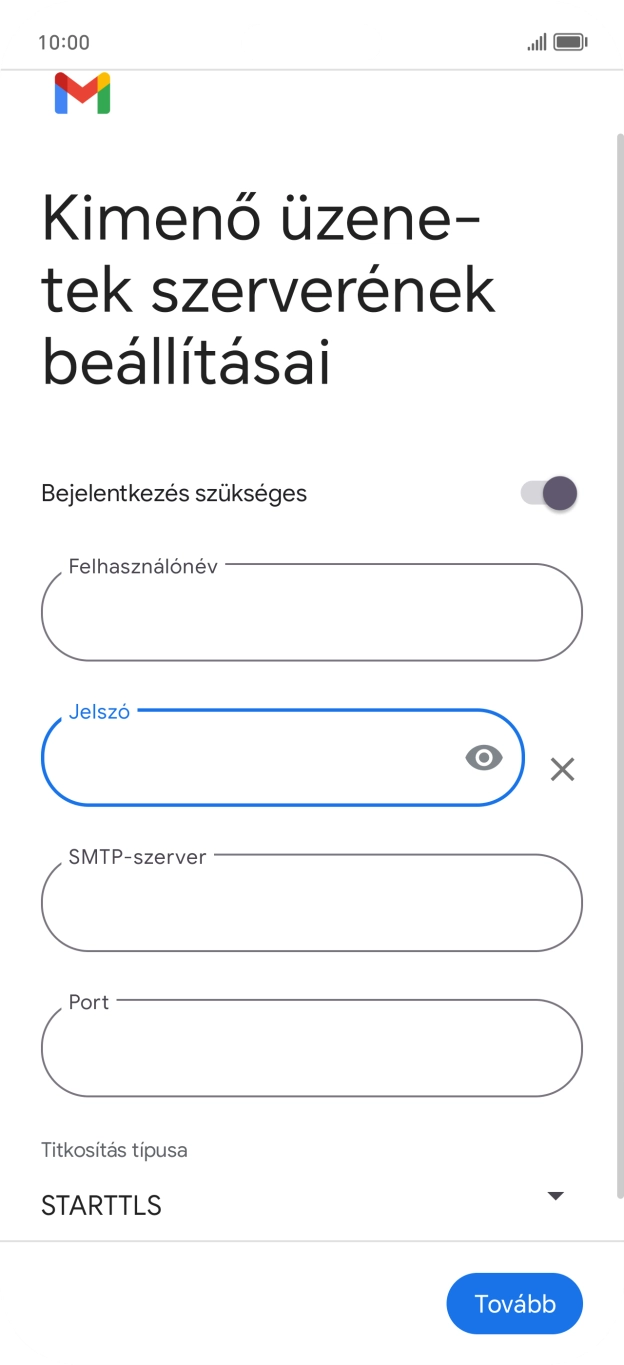 Kattints az „SMTP-szerver” alatti mezőre, és írd be az e-mail szolgáltatód kimenő szerverének a nevét.