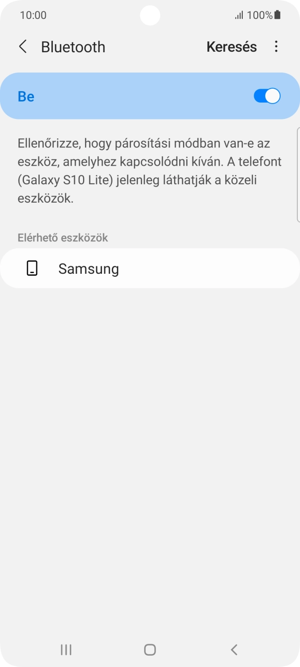 Válaszd ki a kívánt Bluetooth-eszközt, és kövesd a kijelzőn megjelenő utasításokat annak telefonodhoz történő csatlakoztatásához. Válaszd ki a kívánt Bluetooth-eszközt, és kövesd a kijelzőn megjelenő utasításokat annak telefonodhoz történő csatlakoztatásához.