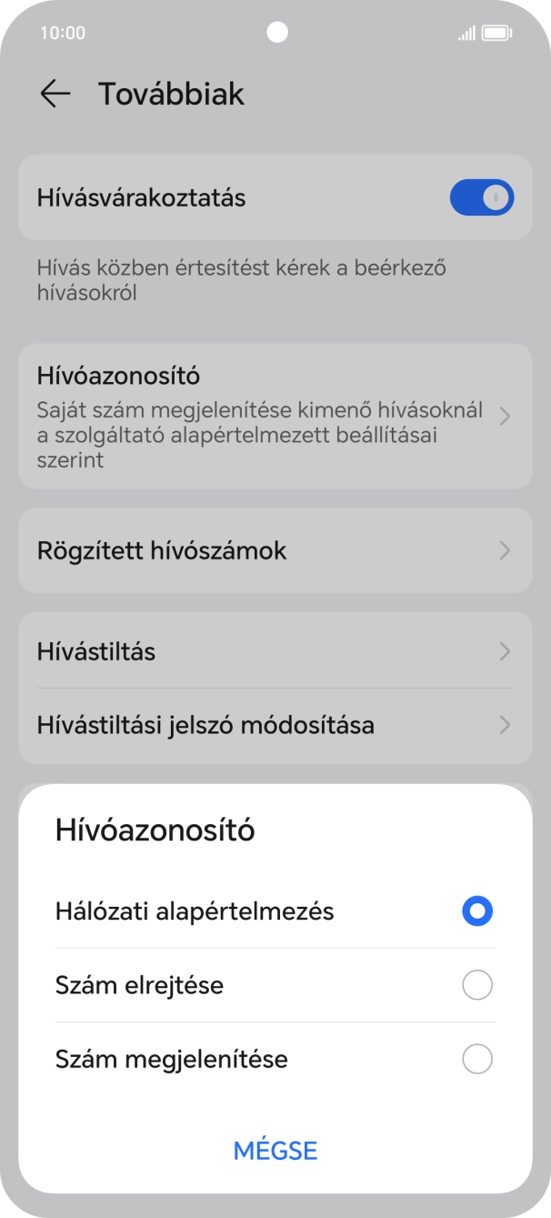 Válaszd a Szám megjelenítése lehetőséget a hívószámküldés bekapcsolásához.