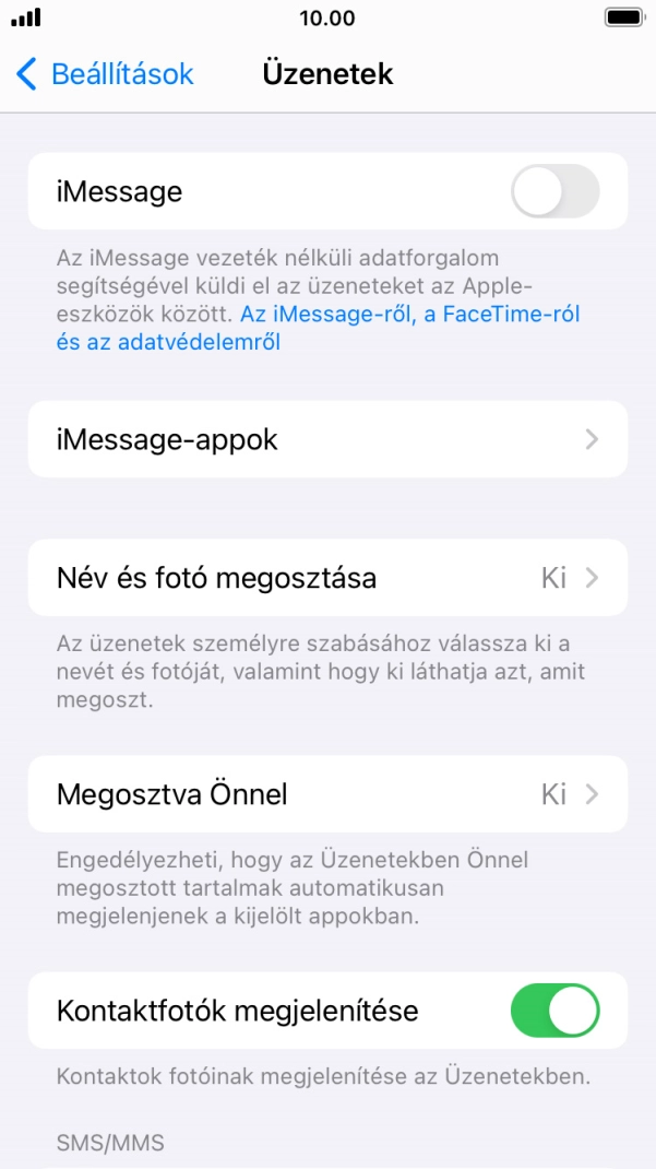 Kattints az „iMessage” melletti csúszkára a funkció bekapcsolásához. Kattints az „iMessage” melletti csúszkára a funkció bekapcsolásához.