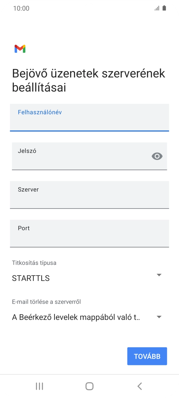 Kattints a „Szerver” alatti mezőre, és írd be az e-mail szolgáltatód bejövő szerverének a nevét.