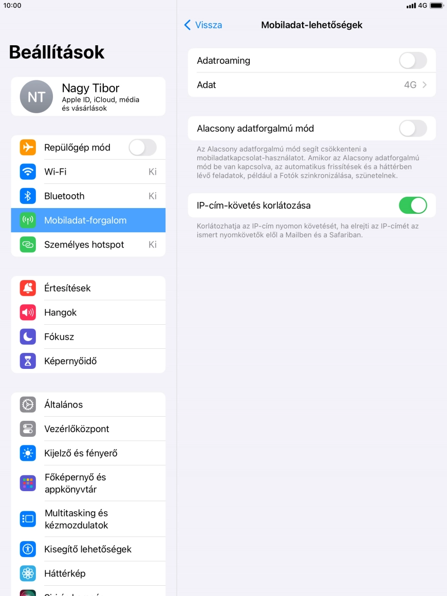 Kattints az „Adatroaming” melletti csúszkára a funkció be- vagy kikapcsolásához. Kattints az „Adatroaming” melletti csúszkára a funkció be- vagy kikapcsolásához.