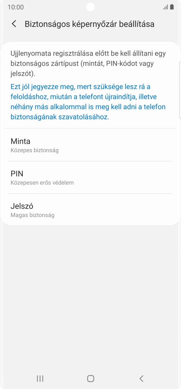 Válaszd ki a kívánt képernyőzárkódot, és kövesd a kijelzőn megjelenő utasításokat egy extra képernyőzár létrehozásához. Válaszd ki a kívánt képernyőzárkódot, és kövesd a kijelzőn megjelenő utasításokat egy extra képernyőzár létrehozásához.