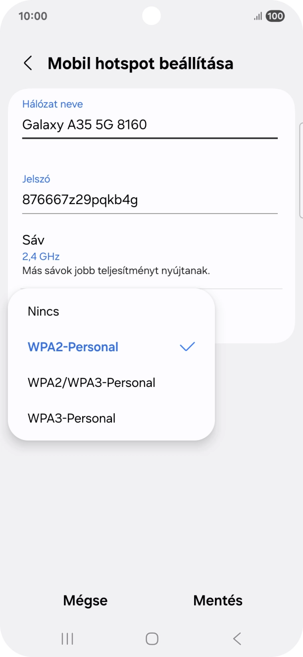 Válaszd a WPA3-Personal lehetőséget, ha jelszóval szeretnéd védeni a Wi-Fi hotspotodat. Válaszd a WPA3-Personal lehetőséget, ha jelszóval szeretnéd védeni a Wi-Fi hotspotodat.