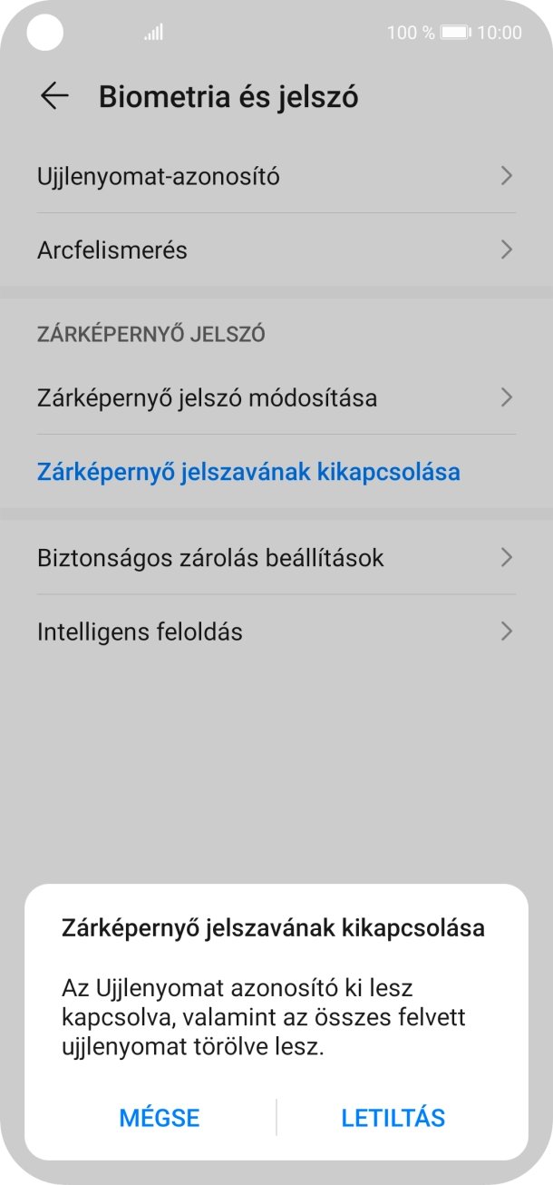 Írd be az extra képernyőzárkódot, amit korábban már beállítottál, és válaszd a LETILTÁS lehetőséget.