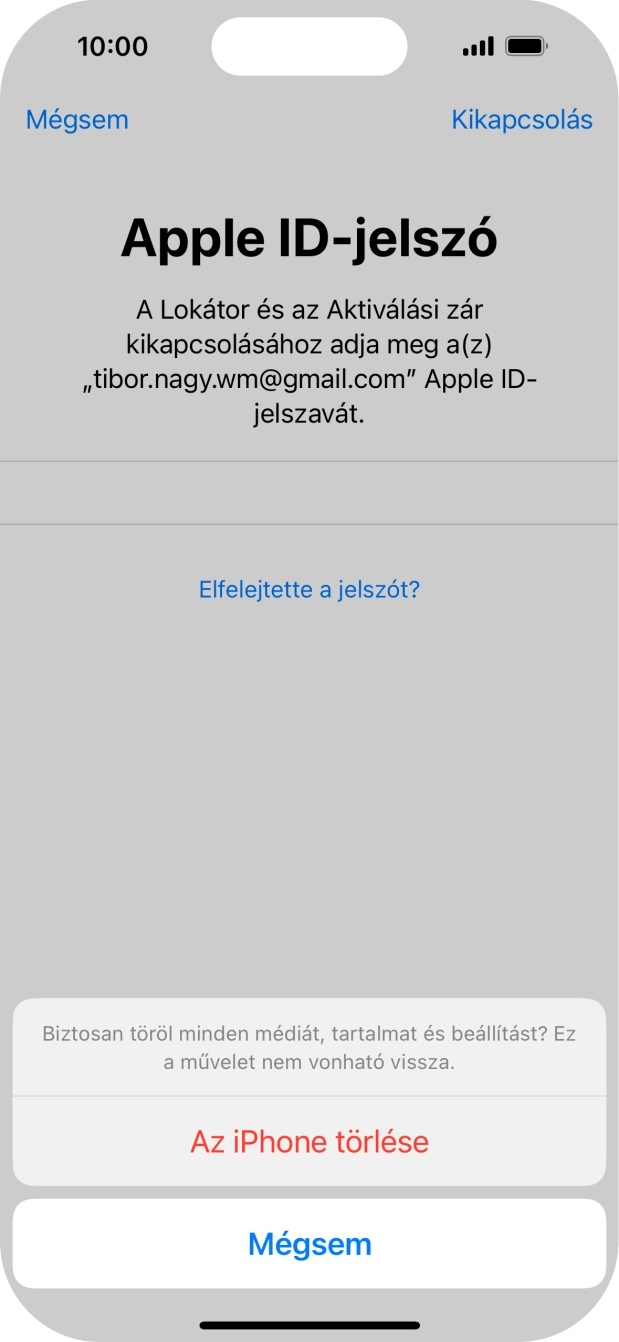 Írd be az Apple ID-hoz tartózó jelszót, és válaszd Az iPhone törlése lehetőséget. Várj egy kicsit, amíg a telefon visszaállítja a gyári beállításokat. A telefon konfigurálásához és ahhoz, hogy üzemkész állapotba hozd, kövesd a képernyőn megjelenő utasításokat. Írd be az Apple ID-hoz tartózó jelszót, és válaszd Az iPhone törlése lehetőséget. Várj egy kicsit, amíg a telefon visszaállítja a gyári beállításokat. A telefon konfigurálásához és ahhoz, hogy üzemkész állapotba hozd, kövesd a képernyőn megjelenő utasításokat.