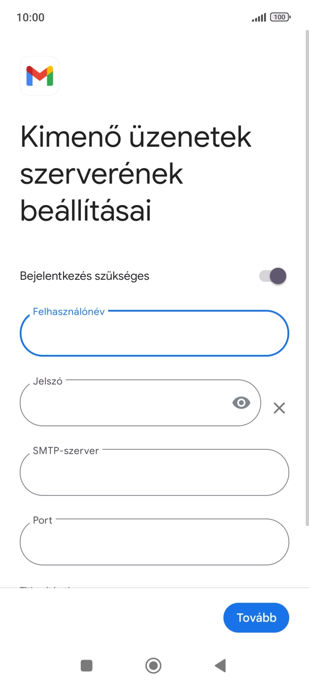 Kattints a „Jelszó” alatti mezőre, és írd be az e-mail szolgáltatód kimenő szerverének jelszavát.