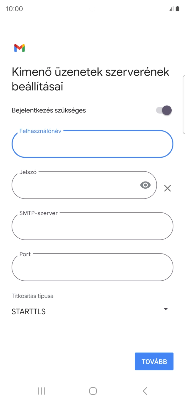 Kattints a „Jelszó” alatti mezőre, és írd be az e-mail szolgáltatód kimenő szerverének jelszavát.