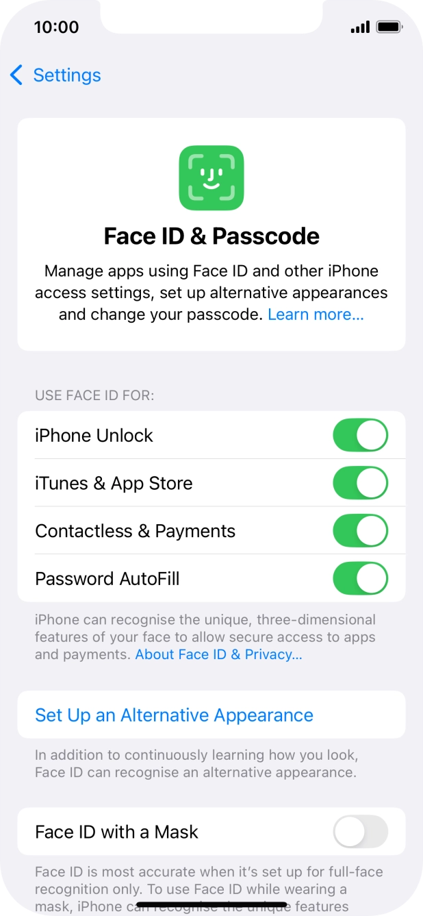 Press the indicators next to the required settings to turn them on or off.