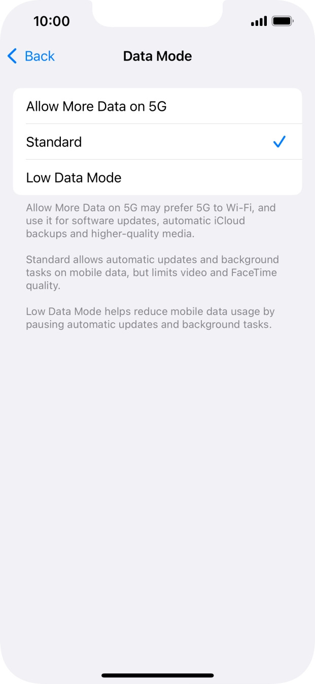 Press the required setting.