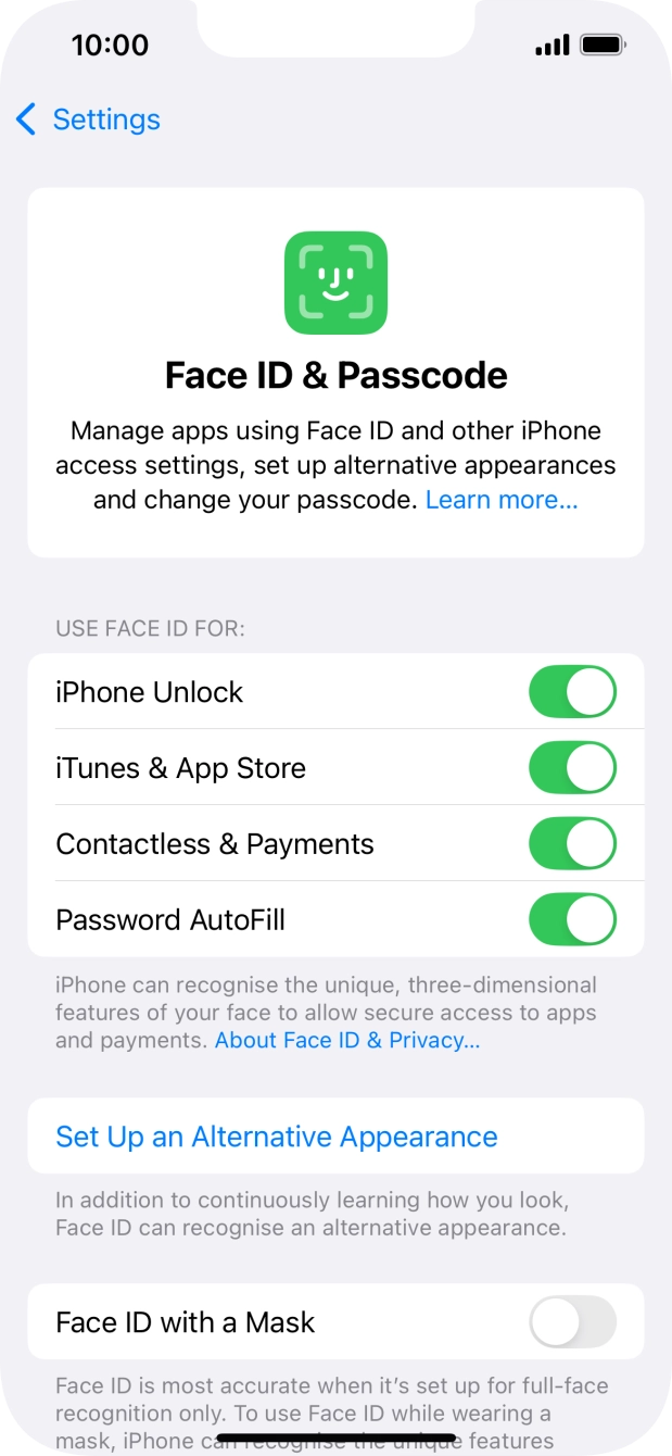 Press the indicators next to the required settings to turn them on or off.