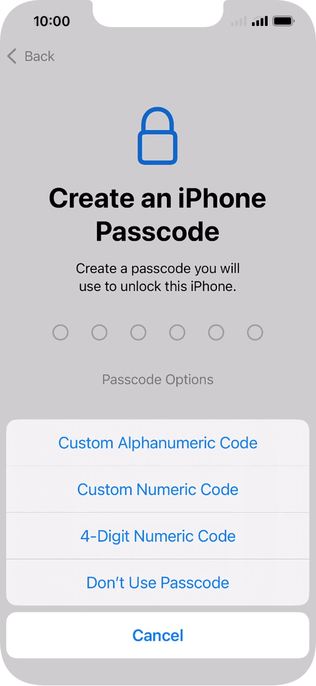 Follow the instructions on the screen to turn on use of phone lock code or press Don't Use Passcode.