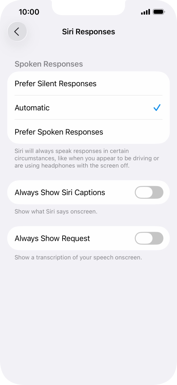 Press the required setting.