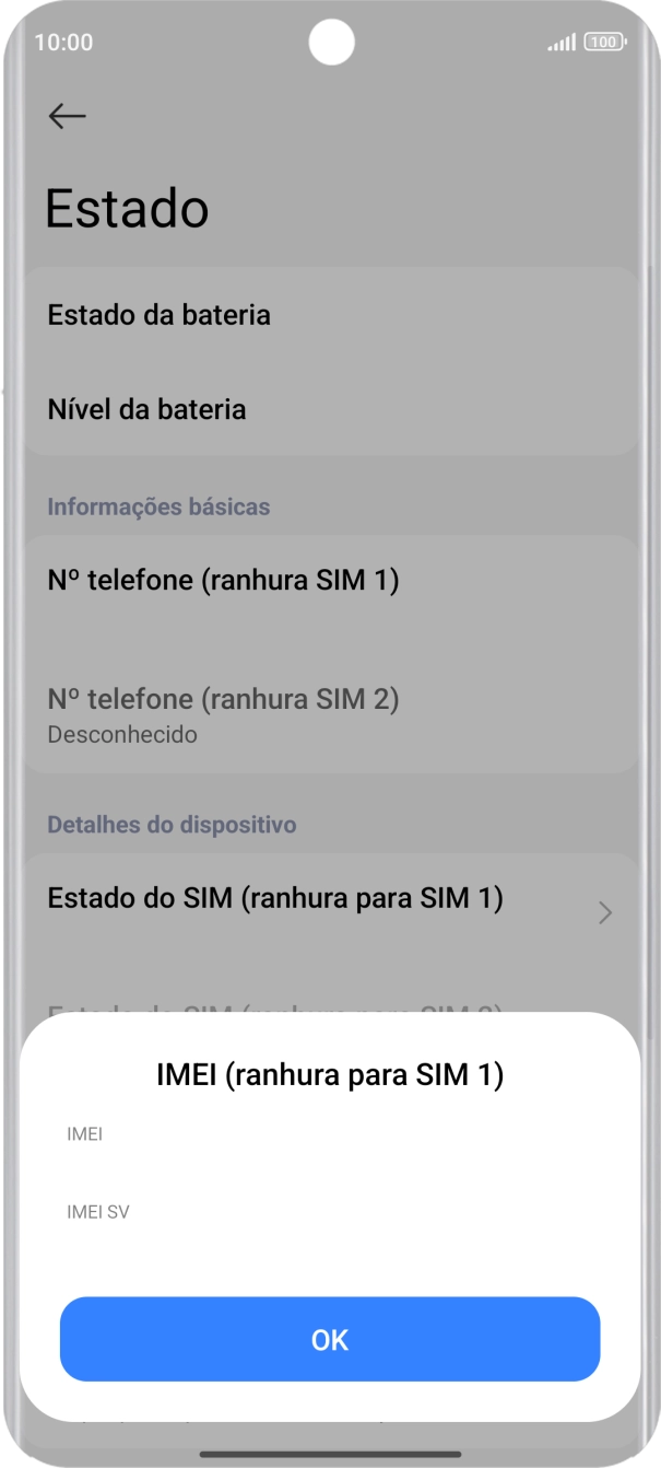 O código IMEI é mostrado no ecrã.