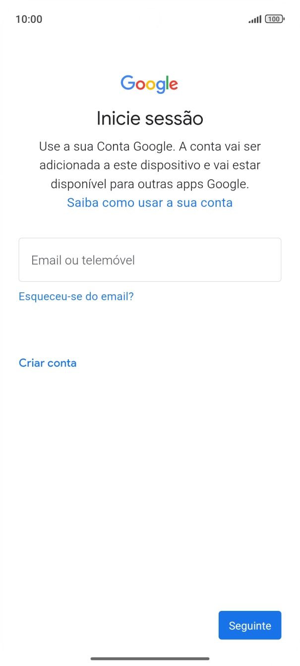 Se não tiver uma conta Google, prima Criar conta e siga as indicações no ecrã para criar uma conta.