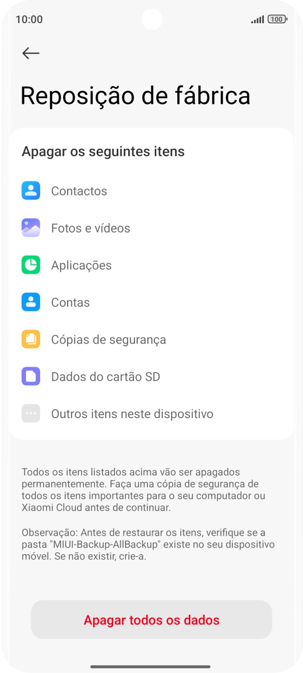 Prima Apagar todos os dados.
