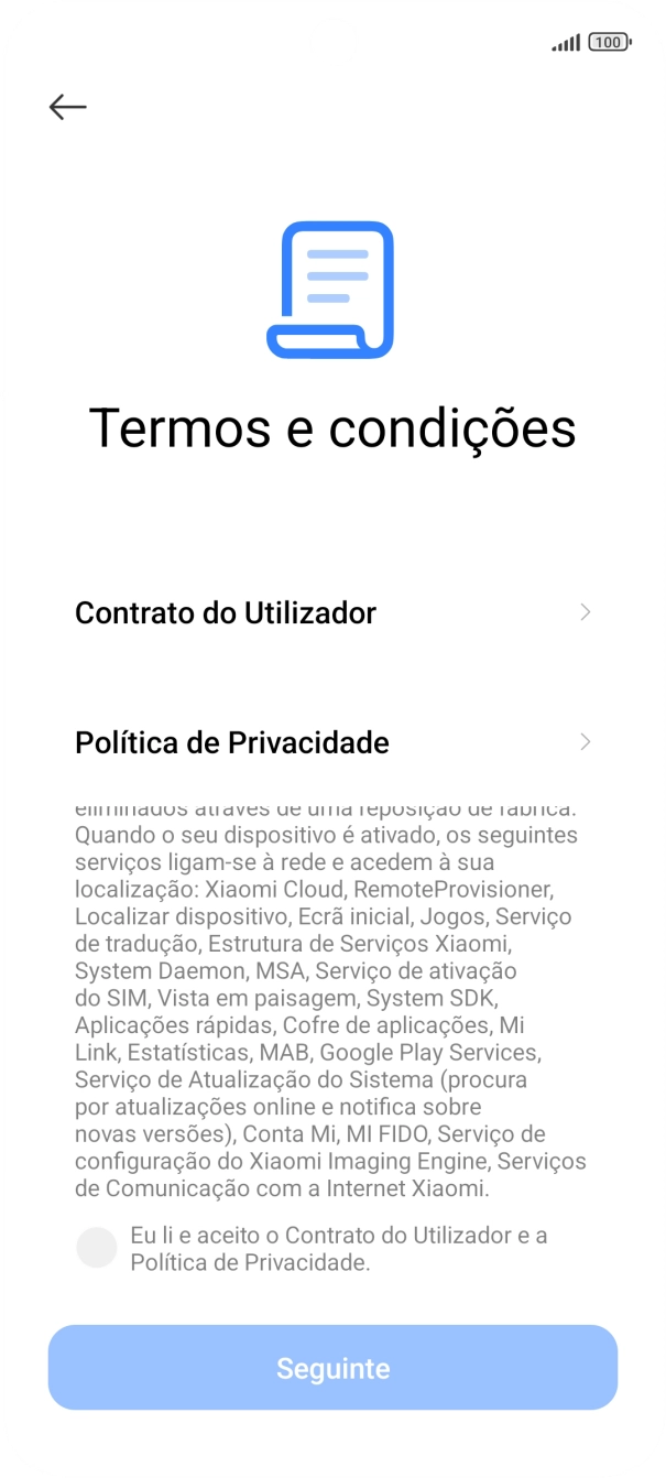 Prima o campo para aceitar os termos e condições.