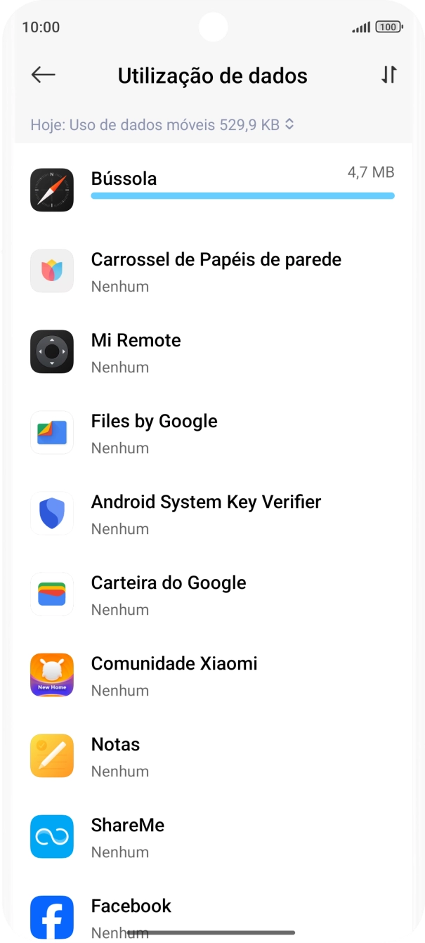 O consumo de dados de cada aplicação é mostrado sob o nome da aplicação.