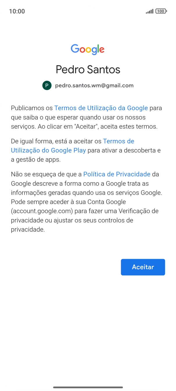 Prima Aceitar e siga as indicações no ecrã para escolher as definições da conta Google.