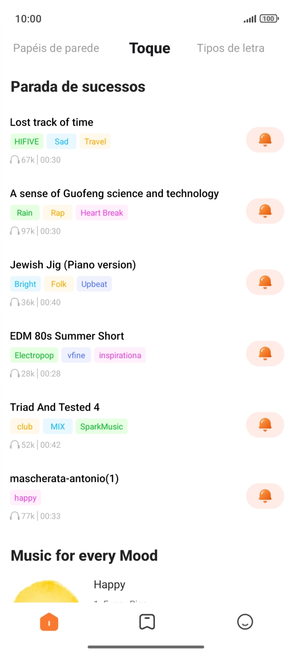Prima os tons de toque pretendidos para os ouvir.