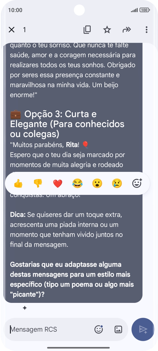 Mantenha premida por um momento a sugestão de texto da Gemini. Siga as indicações no ecrã  para utilizar a sugestão de texto.