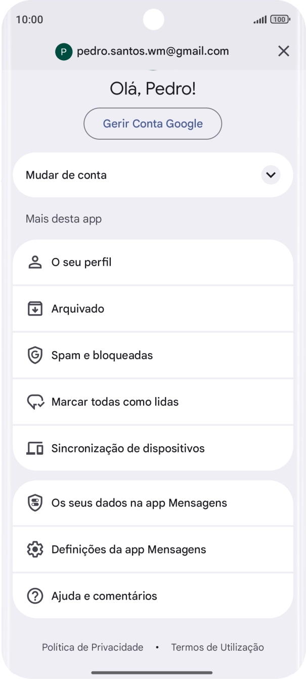 Prima Definições da app Mensagens.