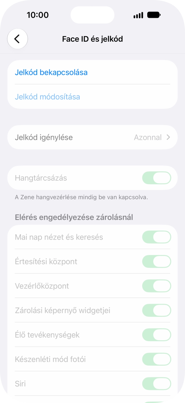 Válaszd a Jelkód bekapcsolása lehetőséget, és írj be kétszer egymás után egy tetszőleges képernyőzárkódot. Válaszd a Jelkód bekapcsolása lehetőséget, és írj be kétszer egymás után egy tetszőleges képernyőzárkódot.